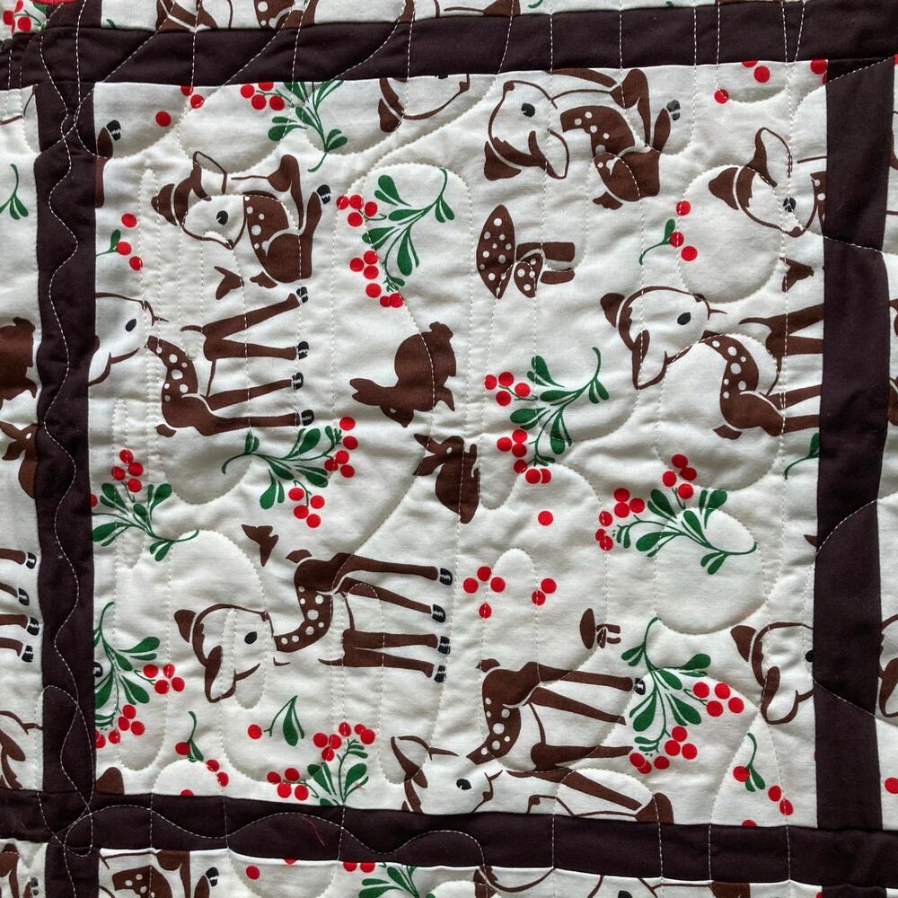 Handmade Baby Quilt Throw Decor Red Brown Woodland Friends Fawn Christmas 34x45 - Picture 3 of 7